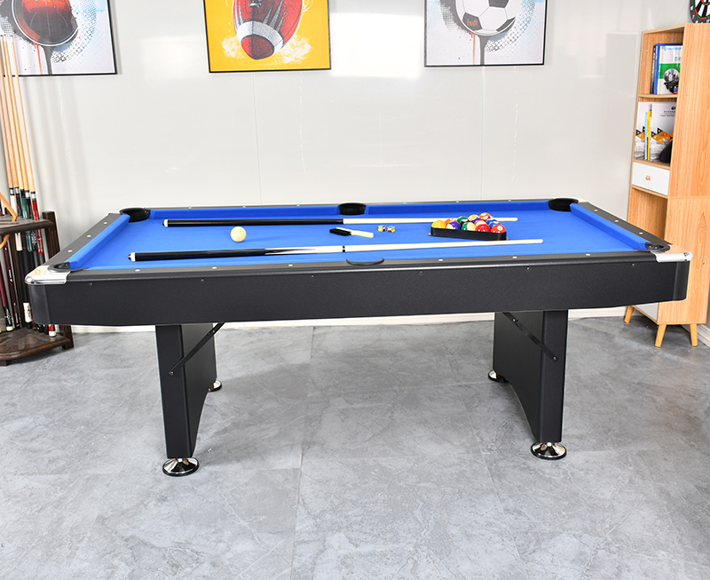 Blue-felt pool table ready for a game
