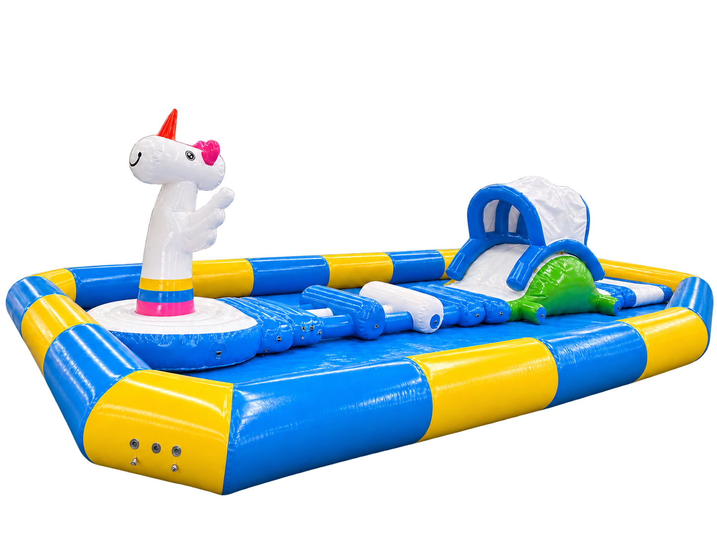Unicorn splash pool with slide on a clean background